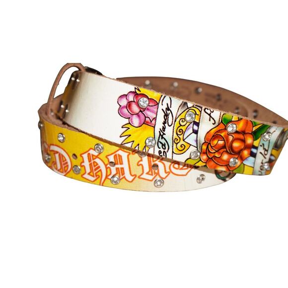 Ed Hardy by Christian Audigier Tattoo Graphic Studded Leather Belt Size S - Picture 6 of 8